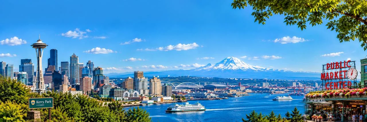 Seattle skyline with the Space Needle, Mount Rainier and Pike Place Market